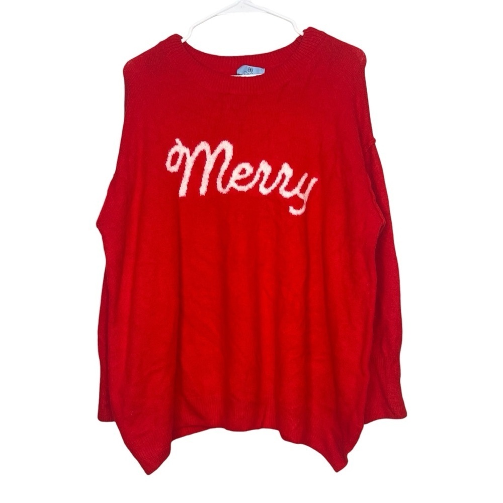 CECE Womens Merry Script Christmas Sweater Red Holiday Cozy Plus Size 1X